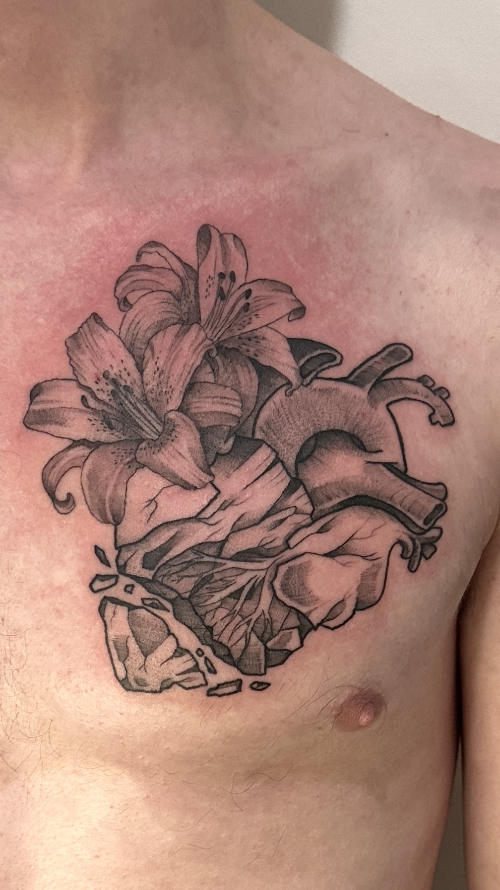 Black and grey anatomical heart with lily flowers chest tattoo